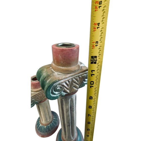 Vintage Pier 1 Pink Green Hand Painted Aztec Pillar Candlestick Holder‎ Pair 13" - Picture 7 of 12